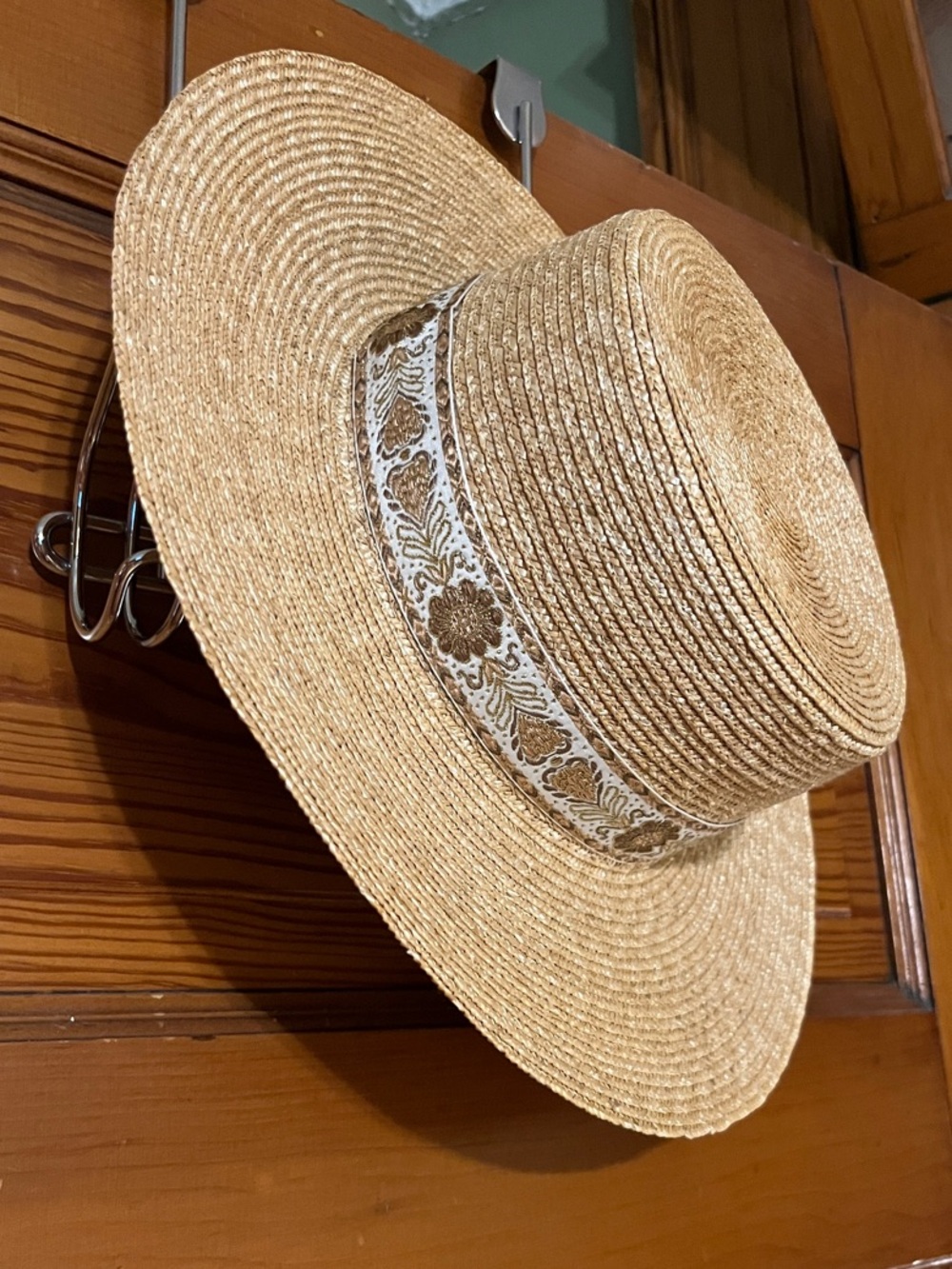 Lack Of Color Natural Straw Wide Brim Boater Hat with Decorative Band